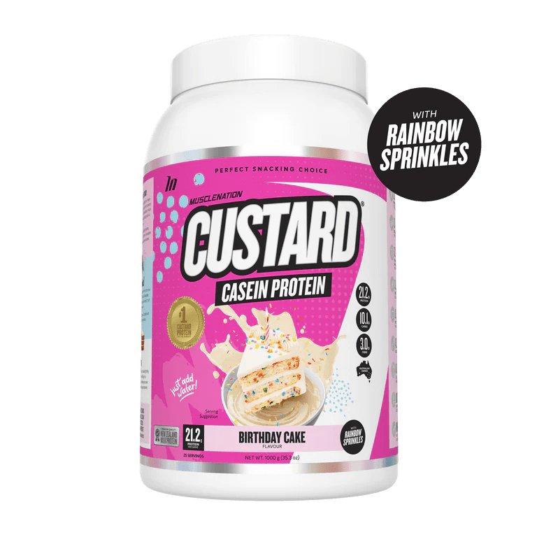 Muscle Nation - Custard Casein Protein - Supplements - Birthday Cake - The Cave Gym