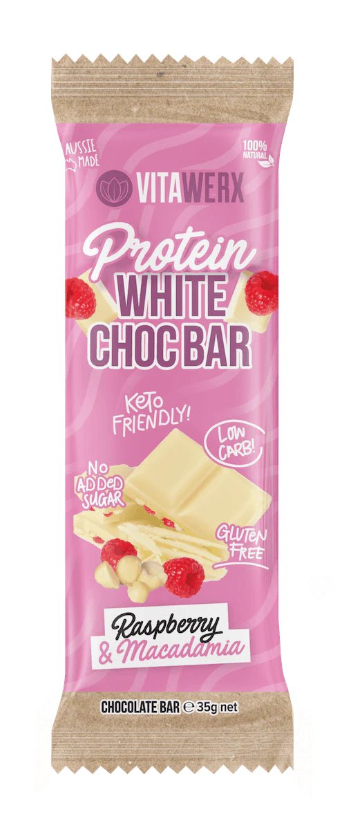 Vitawerx Protein Chocolate Bar 35g - Cafe - White Choc Raspberry Macadamia - The Cave Gym